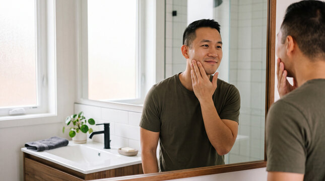 Young man touching smooth face in bathroom mirror after shaving, feeling fresh and confident in modern home interior with natural light and green plant decor