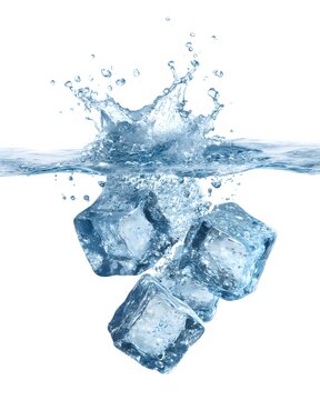 Ice cubes splashing into water with droplets frozen mid-air, refreshing beverage element isolated on white background