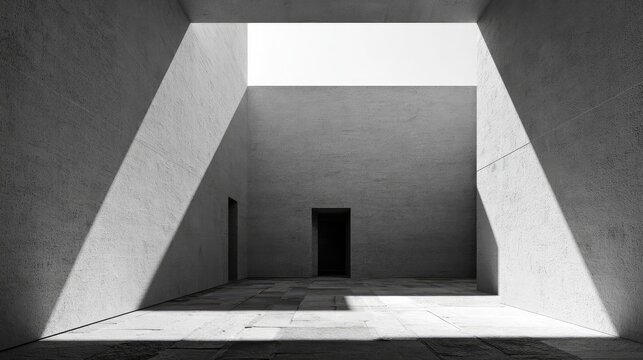 Minimalist concrete courtyard with stark light and shadow play