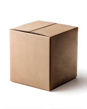 Matte beige cardboard shipping box with closed flaps, e-commerce packaging mockup isolated on white background