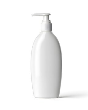 Matte white ceramic lotion bottle with narrow neck and pump, bathroom accessory isolated on white background