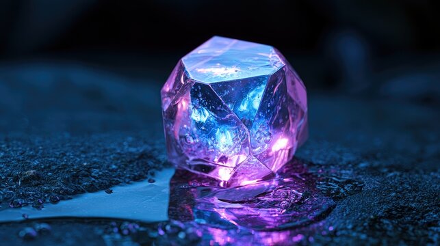 Translucent geometric crystal glows with vibrant pink and blue light on wet dark surface