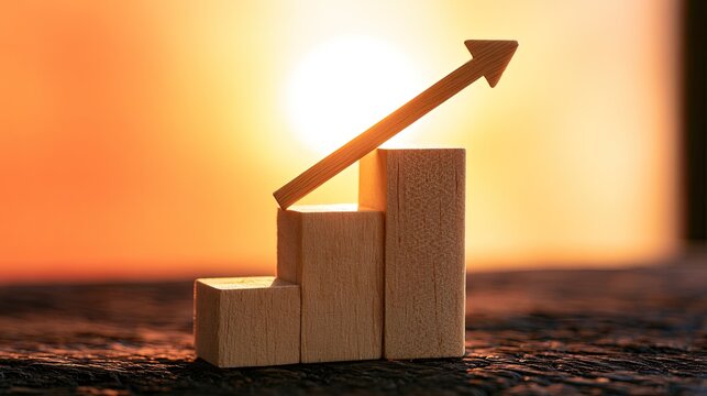 Wooden blocks show an upward trend, representing growth and progress