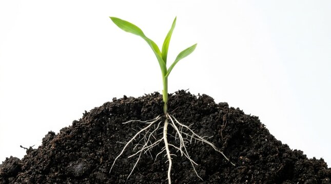 Small green plant sprout growing from dark soil with visible roots isolated on a clean white background