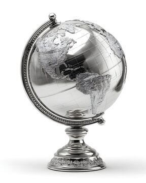 Metallic silver globe showing continents, modern decor object isolated on white background