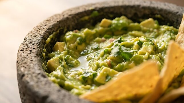 Fresh guacamole served in a traditional stone molcajete bowl with crispy tortilla chips, highlighting a delicious and authentic comida mexicana appetizer
