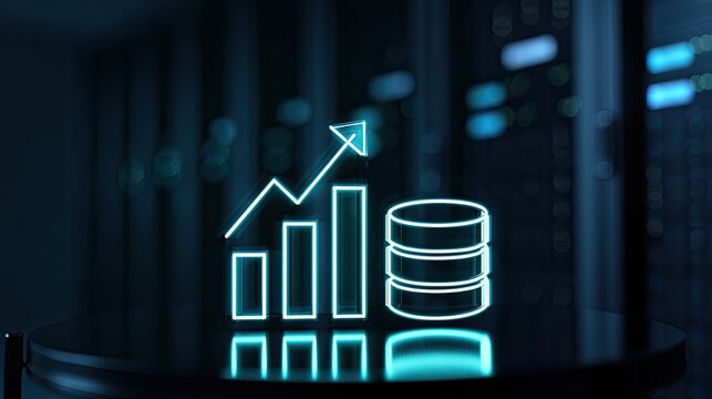 Neon graph with coins signifies financial growth in a data center