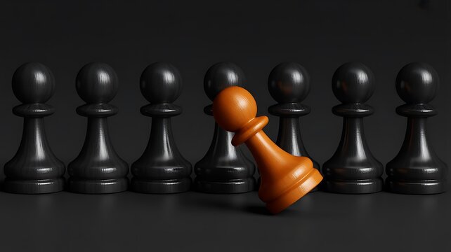 Orange chess pawn standing apart from black pieces representing competition, strategy, individuality and leadership