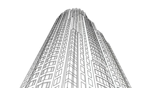 Architectural wireframe sketch of a modern skyscraper building isolated on white background.