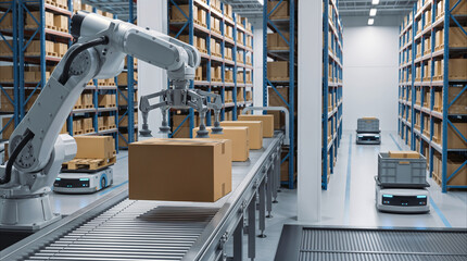 Obraz premium Robotic arm sorting cardboard boxes on conveyor belt in automated distribution center. Smart warehouse technology with autonomous mobile robots for logistics efficiency.