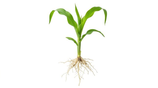 Young green corn seedling plant with visible roots isolated on a clean white background for farming