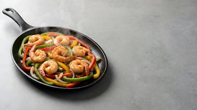 A steaming cast iron skillet filled with delicious shrimp fajitas for a traditional comida mexicana dinner served on a grey stone tabletop background.