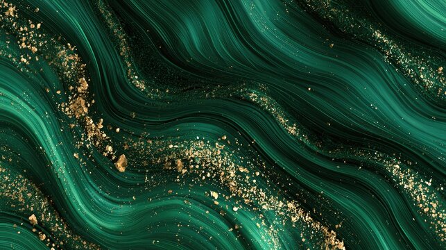 Swirling emerald green abstract with shimmering gold mineral-like accents