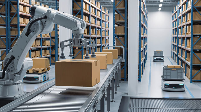 Robotic arm sorting cardboard boxes on conveyor belt in automated distribution center. Smart warehouse technology with autonomous mobile robots for logistics efficiency.
