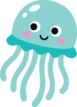 Cute light blue jellyfish cartoon character vector illustration with smiling face isolated on a plain white background for children marine life designs