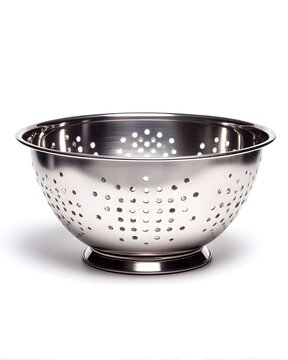 Minimal stainless steel colander with perforated holes, kitchen strainer isolated on white background