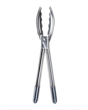 Minimal stainless steel kitchen tongs with silicone tips, cooking utensil isolated on white background