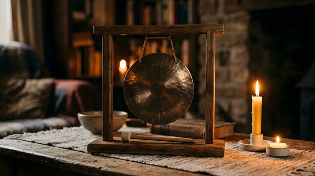 A traditional brass table gong mounted in a wooden stand with glowing candles on a wooden table