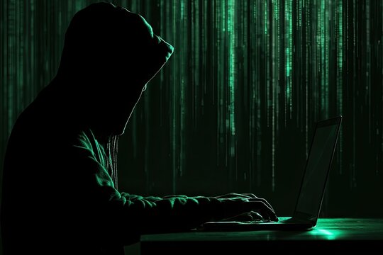 Silhouette of a person in a hooded sweatshirt typing on a laptop, digital rain background