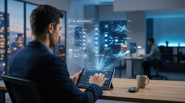 Professional man using tablet device with augmented reality AI neural network projection, futuristic data model visualization hovering above screen, machine learning and deep