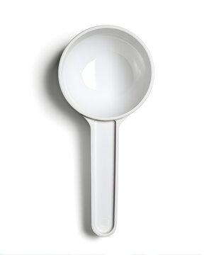 Minimal white plastic measuring scoop with short handle, supplement accessory isolated on white background