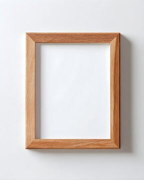 Minimal wooden picture frame with thin profile and blank center, decor mockup isolated on white background