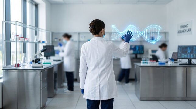 Female scientist in white coat interacting with glowing blue DNA double helix hologram in modern genomic research laboratory, genetic engineering, biotechnology innovation