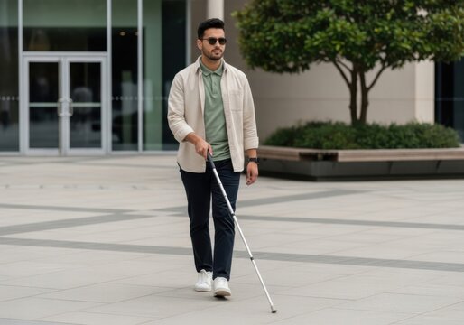 Visually impaired man walking with a white cane