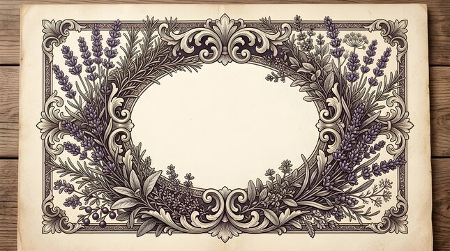 Elegant vintage botanical frame featuring a lavender wreath and ornate engraved border on aged parchment, perfect for invitations, labels, wedding stationery and herbal product packaging.