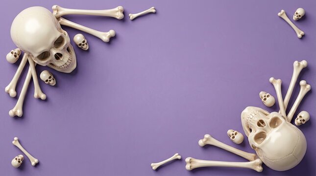 Two human skulls and scattered bones arranged on a purple background for halloween