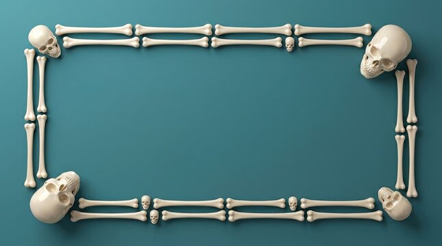 Human bones arranged in a rectangular frame on a teal background for halloween