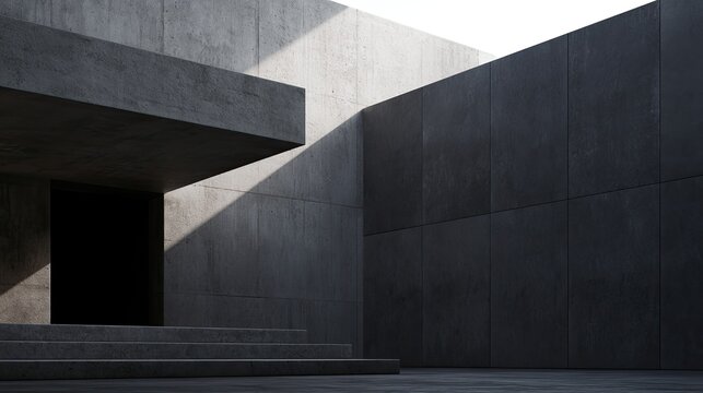 Stark concrete architecture with deep shadows and geometric forms