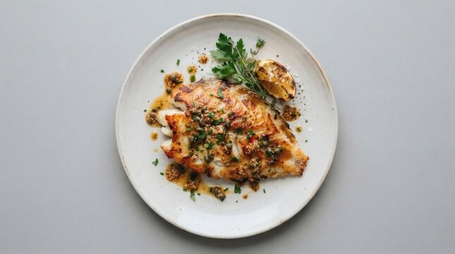 Overhead Shot Single Seared John Dory Fillet Brown Butter Drizzle Plate Isolated Neutral Backdrop

