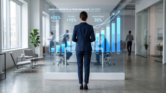 Businesswoman standing in modern office viewing large holographic annual growth and performance dashboard, Q4 financial results visualization, augmented reality data display