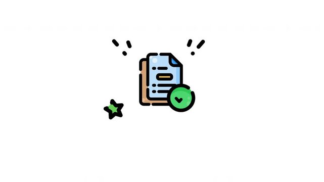 Animated document verification concept with blue paper stack and green check mark icon. Suitable for business, finance, paperwork, verification themes.
