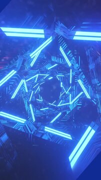Animation of stars over navy space with blue neon lights rotating