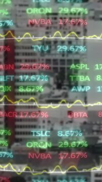 Animation of financial data processing over cityscape