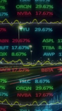 Animation of financial data processing over cityscape