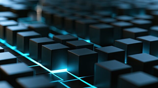Rows of dark, geometric cubes are illuminated by vibrant, glowing blue lines