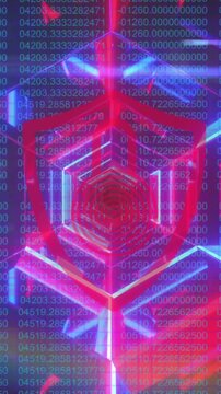 Security padlock over shield icon against neon tunnel against data processing