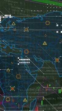 Animation of world map, icons, graphs and data processing on dark green background