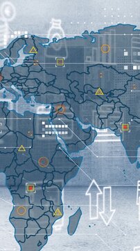 Animation of world map and financial icons over cityscape