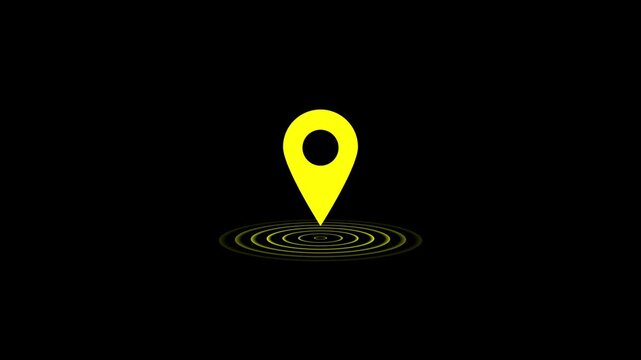Yellow map pin with pulsing radar circles animation on black background, location marker navigation geolocation