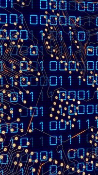 Digital video merges microprocessor and heart icon, symbolizing biology and technology.