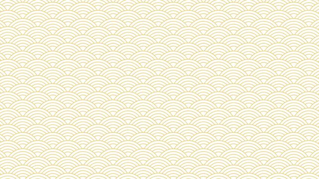Minimalist white and gold outline seigaiha wave pattern, seamlessly animated moving upward. Delicate thin gold line texture on white background, perfect for wedding and elegant luxury motion graphics