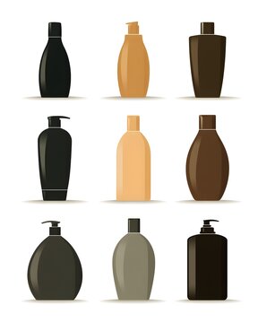 Set of shampoo bottle silhouettes with modern and classic shapes, flat vector packaging collection isolated on white background