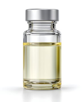 Serum bottle with visible meniscus line, studio realism isolated on white background