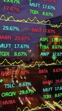Stock market data processing against view of night city traffic