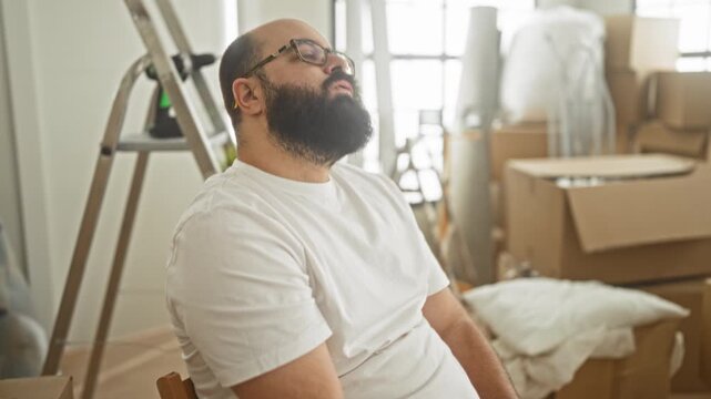 Man sitting by packed boxes and ladder in a building with arms crossed and looking up; moving fatigue.
