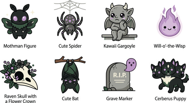 Set of cute spooky and creepy Halloween characters, monsters, and spooky elements in vector style